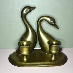 Brass Double Candleholder With 2 Swans Home Decor Room Accent Metalware